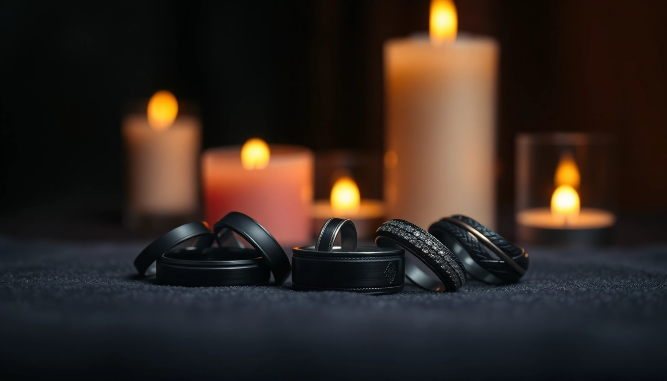 Showcasing exquisite black wedding rings for men with various textures in candlelight ambiance.