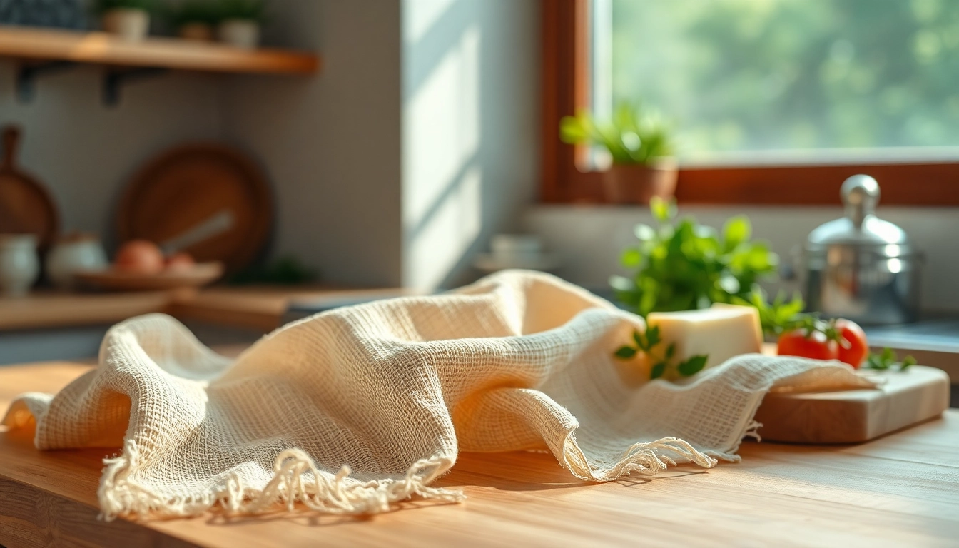 Kaasdoek ligt elegant op een houten keukenblad met verse ingrediënten.