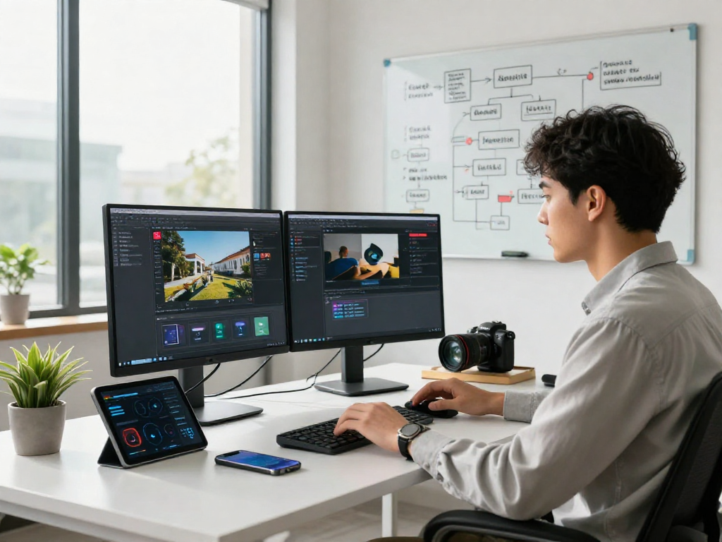 AI image detector analysis in a modern workspace with dual monitors and real-time analytics.