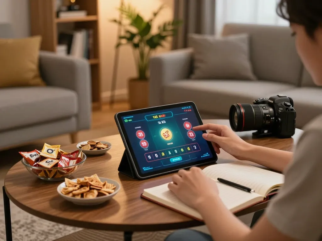 Engaging gameplay of tài xỉu online on tablet in a cozy living room setting, showcasing strategic decisions and comfort.