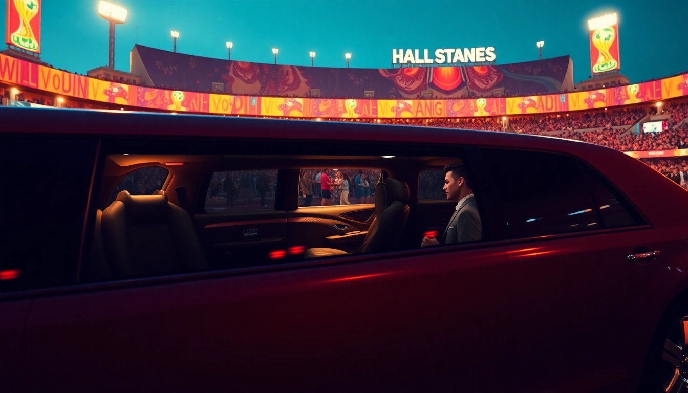 World Cup Group Transportation with a luxury limousine outside a Los Angeles stadium.