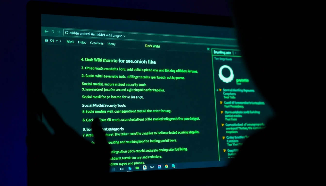 The Hidden Wiki interface displayed on a screen, showcasing .onion links and tools for secure browsing.