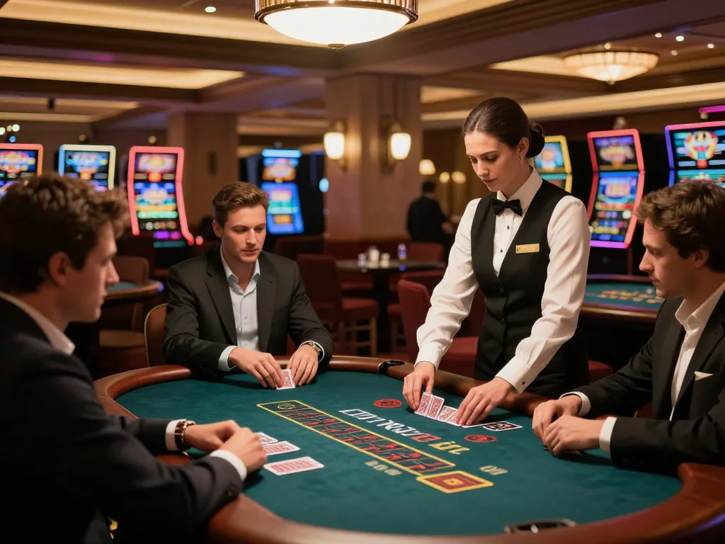 Players at a blackjack table engage strategically at 5699 casino, showcasing luxury gaming atmosphere.