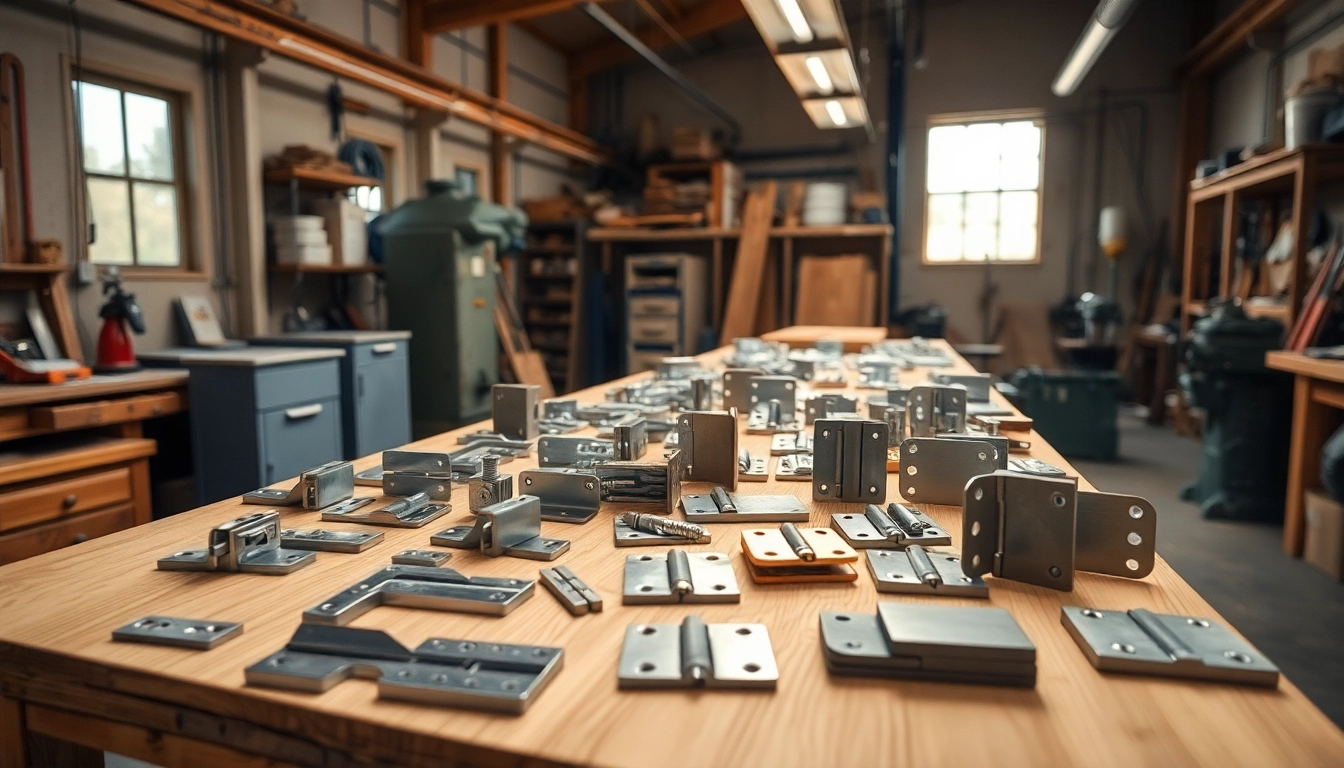 Showcase by Cabinet Hinge Manufacturers highlighting diverse hinge types in a workshop.