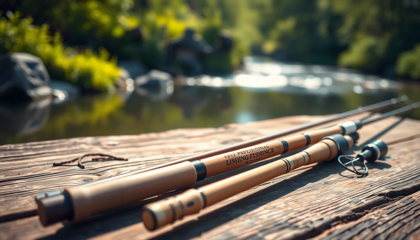 Showcasing the Best fly fishing rods on a rustic table amidst a serene river backdrop.