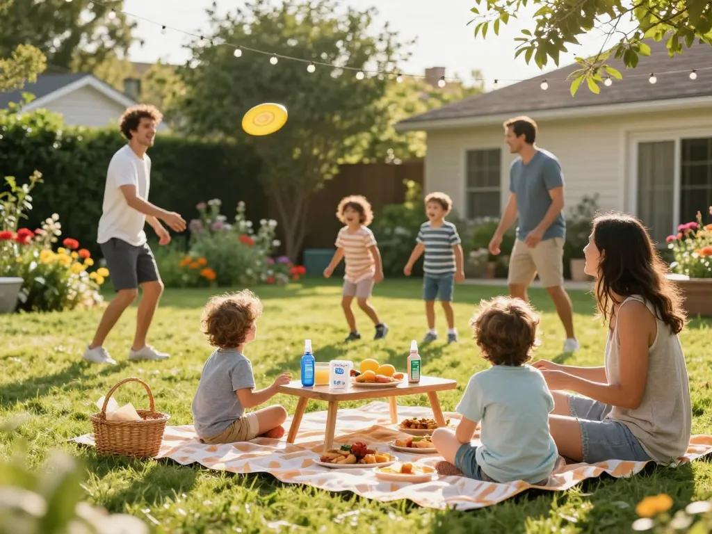 Best Mosquito Repellent displayed on picnic table during a family gathering in a vibrant backyard.