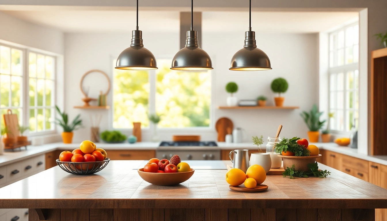 Enhance your space with stylish island light fixtures illuminating a vibrant kitchen atmosphere.
