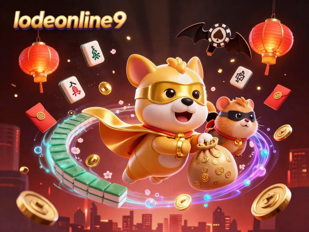 Experience the excitement of lodeonline9 as a superhero dog and hamster duo soar through a vibrant casino-themed explosion.