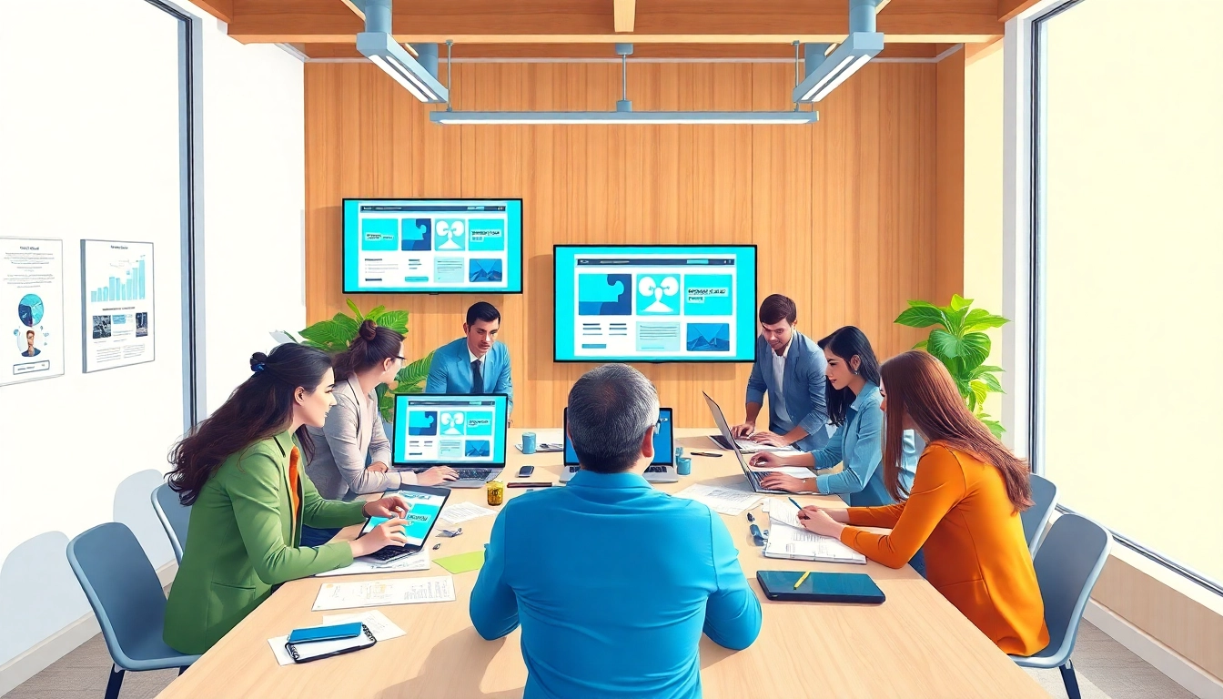 Creative team of Website Designers Hereford collaborating on web designs in a professional office.
