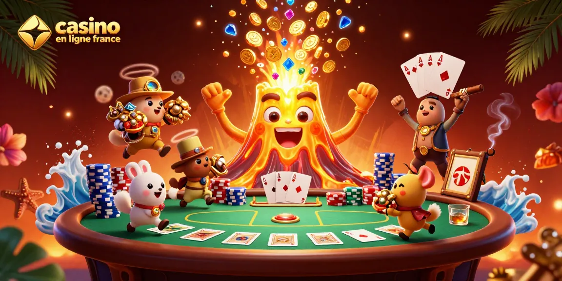 Jouez dans un casino en ligne France avec un volcan doré, trésors et jeux de poker.