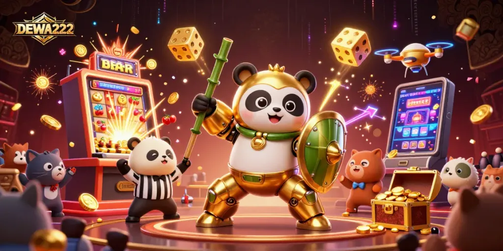 Experience wins at DEWA222 with a vibrant 3D casino scene bursting with slot machines and animated characters.