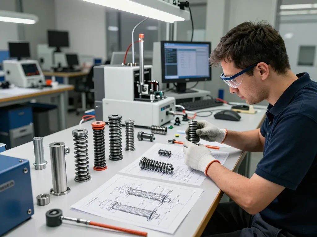 Inginer testând diverse arcuri tractiune într-un atelier modern cu unelte de precizie și scheme detaliate.