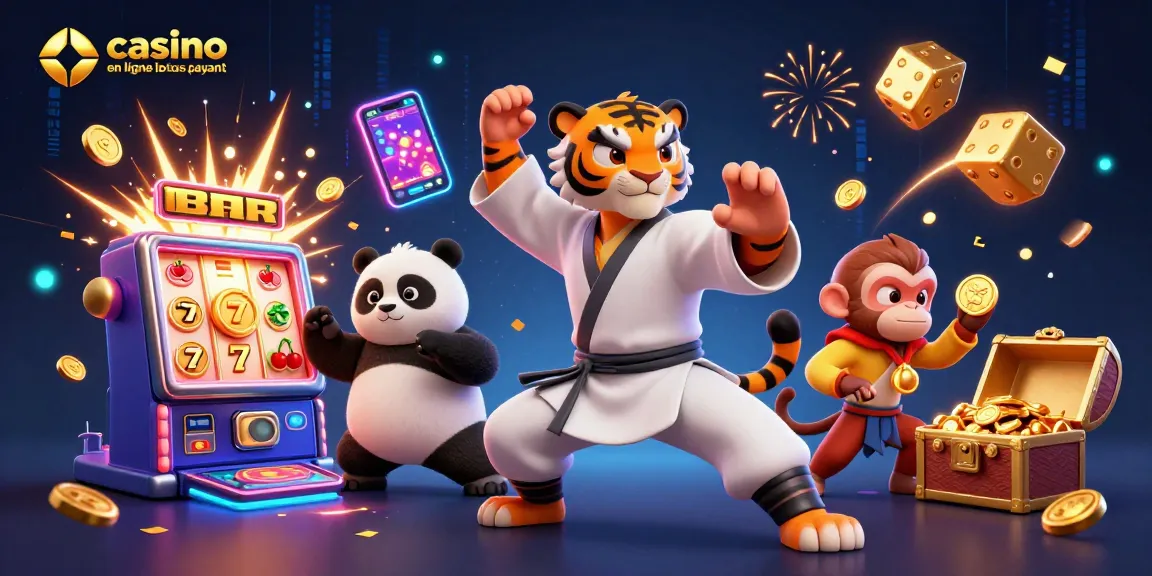 Illustrez le casino en ligne le plus payant avec un tigre kung fu et un panda dans une scène dynamique.