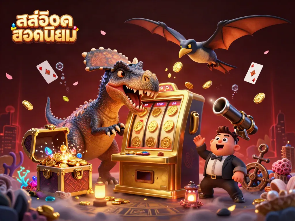Experience the excitement of สล็อตยอดนิยม with a dynamic scene featuring a dinosaur and jackpot wins.