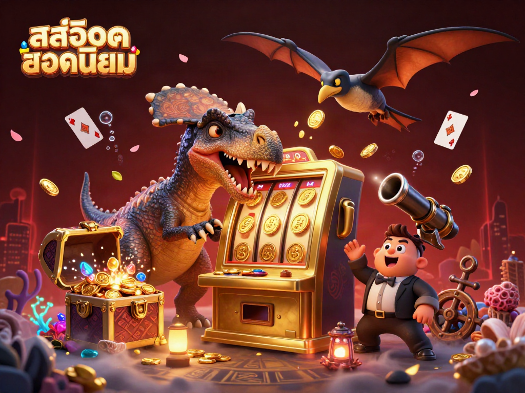 Experience the excitement of สล็อตยอดนิยม with a dynamic scene featuring a dinosaur and jackpot wins.