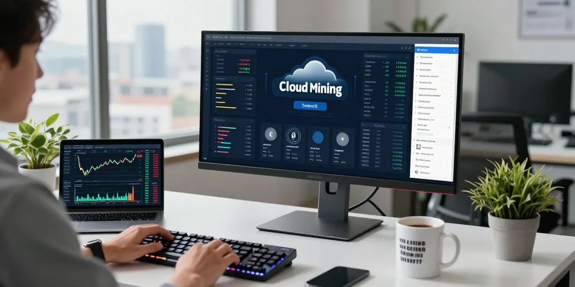 Cloud mining crypto workspace with cryptocurrency trading dashboard on multiple screens, blockchain analytics, and digital wallet display.