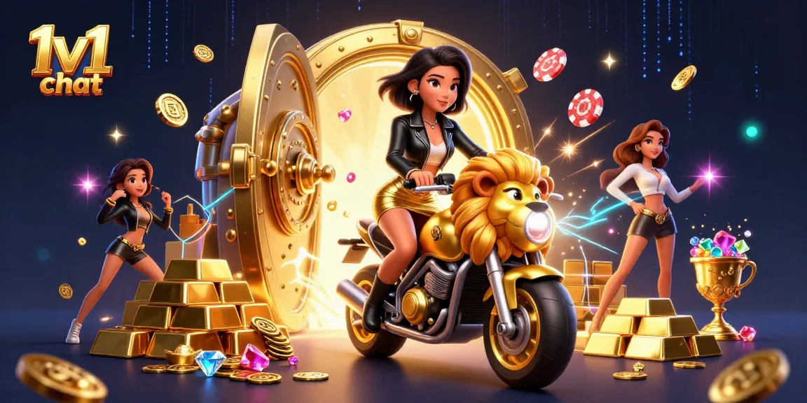 Engage in fast-paced 1v1 chat with a glamorous scene of a woman riding a golden lion mascot amidst gambling riches.