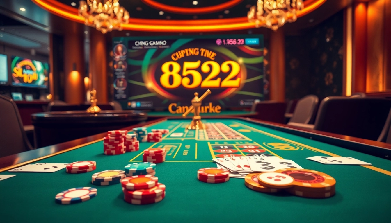 Exciting Cổng game B52 atmosphere with poker chips and a roulette wheel in a luxurious casino.