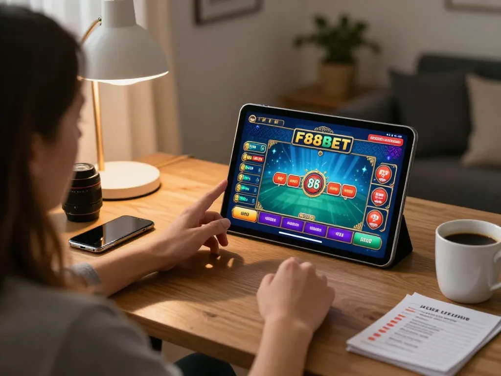 Engaging player using F88BET casino app on tablet during a cozy gaming session at home