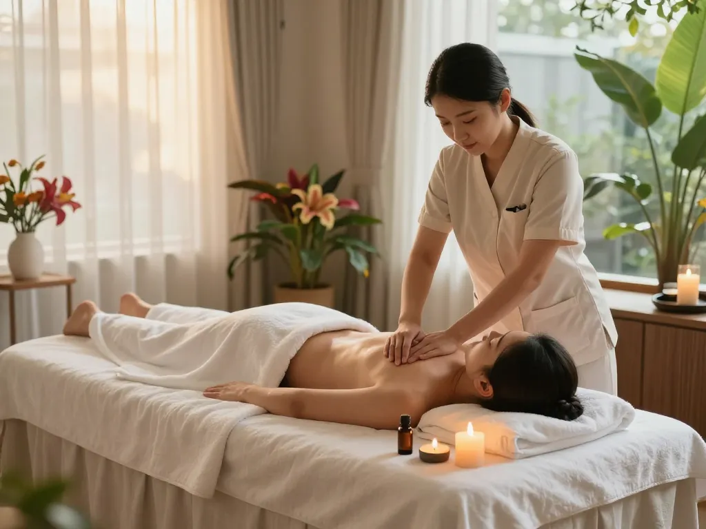 Relaxing 강남마사지 scene in a luxurious spa setting, therapist performing a soothing massage.