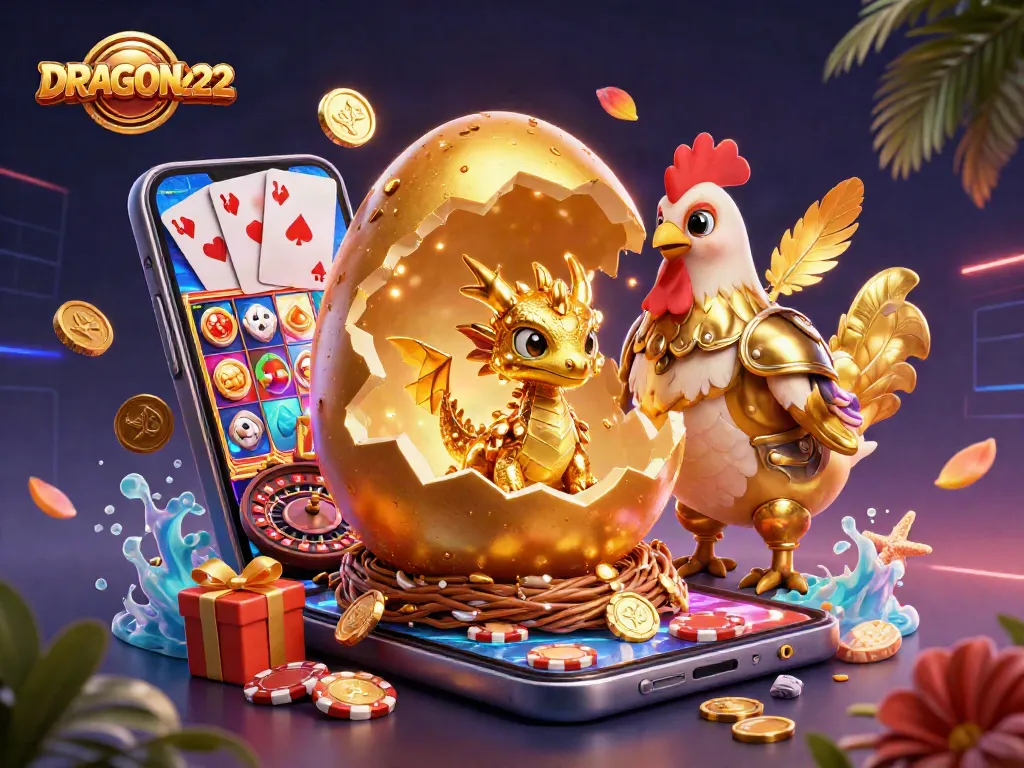 Experience thrilling wins at DRAGON222 with a golden dragon, poker chips, and vibrant slot game action.