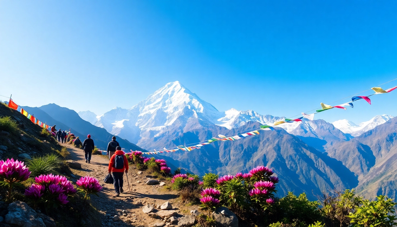 Trekkers on the Manaslu trek enjoying breathtaking views of Mount Manaslu amidst vibrant nature.