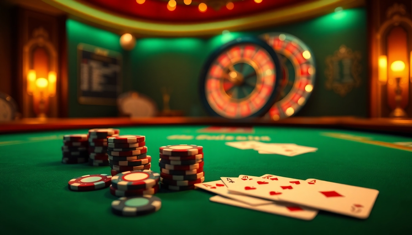 Rasakan aksi poker online yang intens dengan visual kasino yang berwarna-warni menampilkan chip poker dan kartu.
