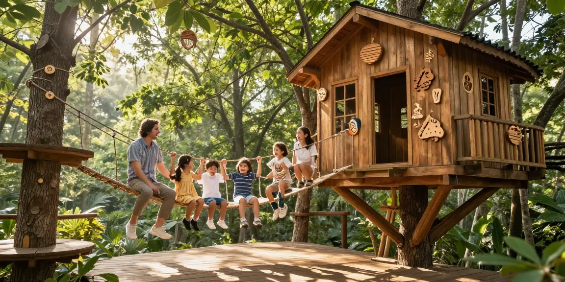 A delightful family enjoying their tree house life in a luxury wooden treehouse surrounded by lush greenery.