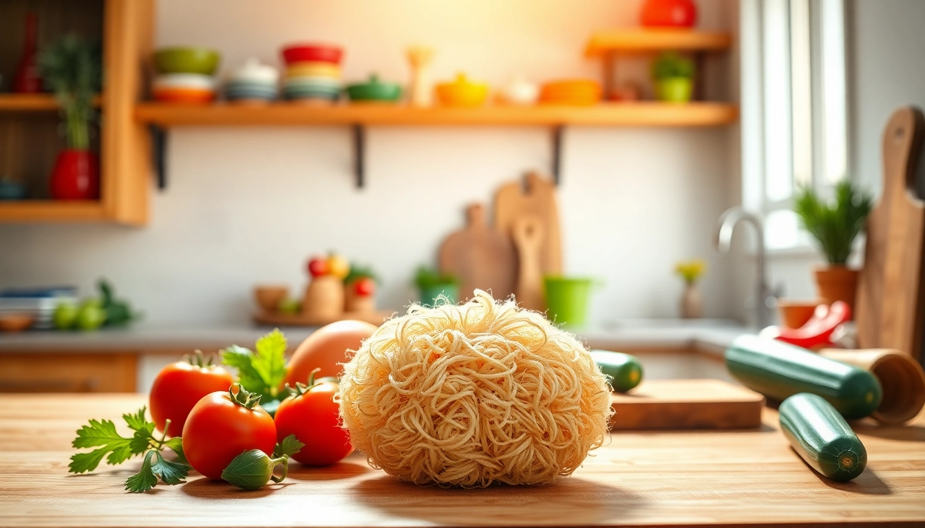 Clean kitchen loofah scrubber surrounded by fresh vegetables on a wooden countertop.