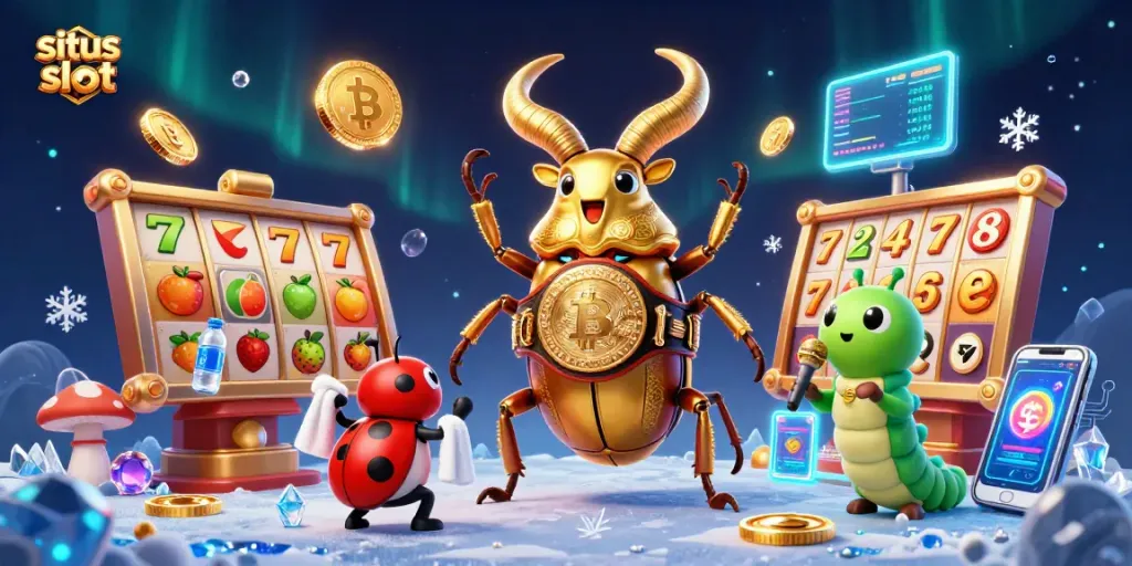 Situs slot showcase with a golden stag beetle alongside vibrant gaming elements in a dynamic casino scene.