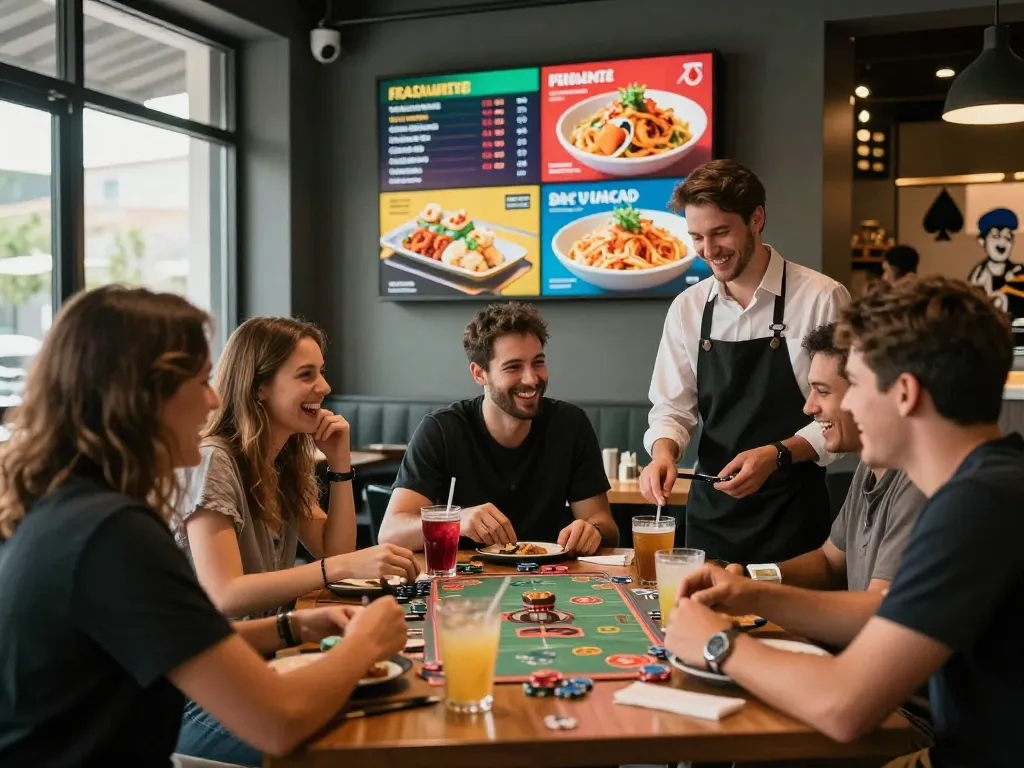 Friends enjoying a lively meal and games at POKERSERI restaurant, highlighting the fun and social atmosphere.