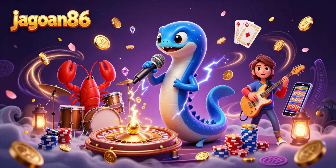 Experience the vibrant underwater casino scene with jagoan86 as the electric eel DJ, amidst dynamic gaming elements.