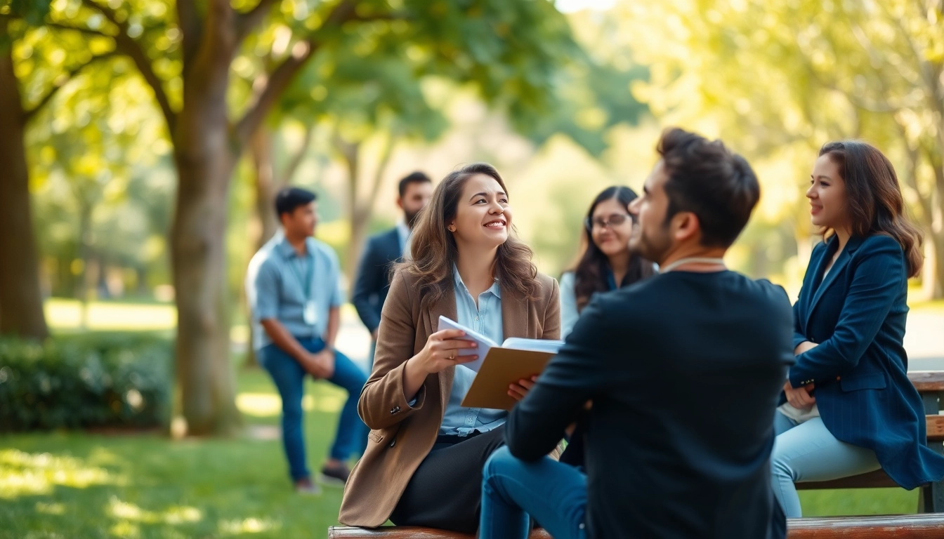 People finding their true calling in a serene park, engaging in dialogue and reflection.