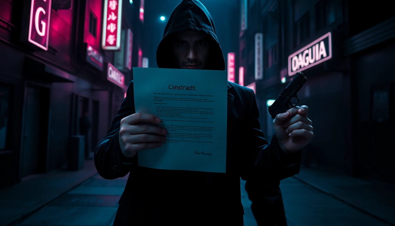 Assassin holding a silver contract and a pistol in a dramatic urban setting, representing Contracts and Bullets.