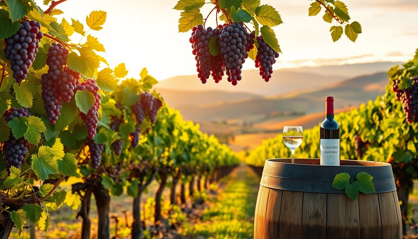 Visit Clarksburg wineries surrounded by lush vineyards at sunset with wine glasses and a barrel.
