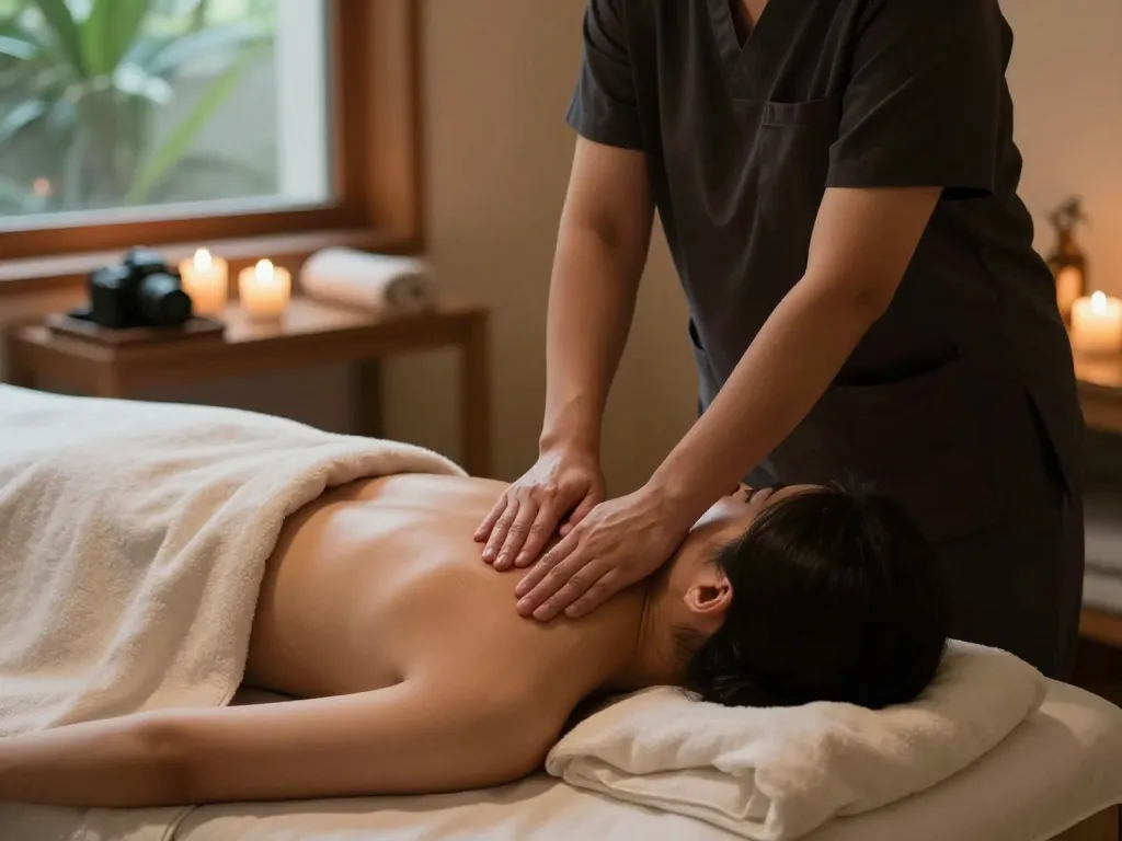 치평동마사지 in a tranquil therapy room with soothing elements and a relaxed client.