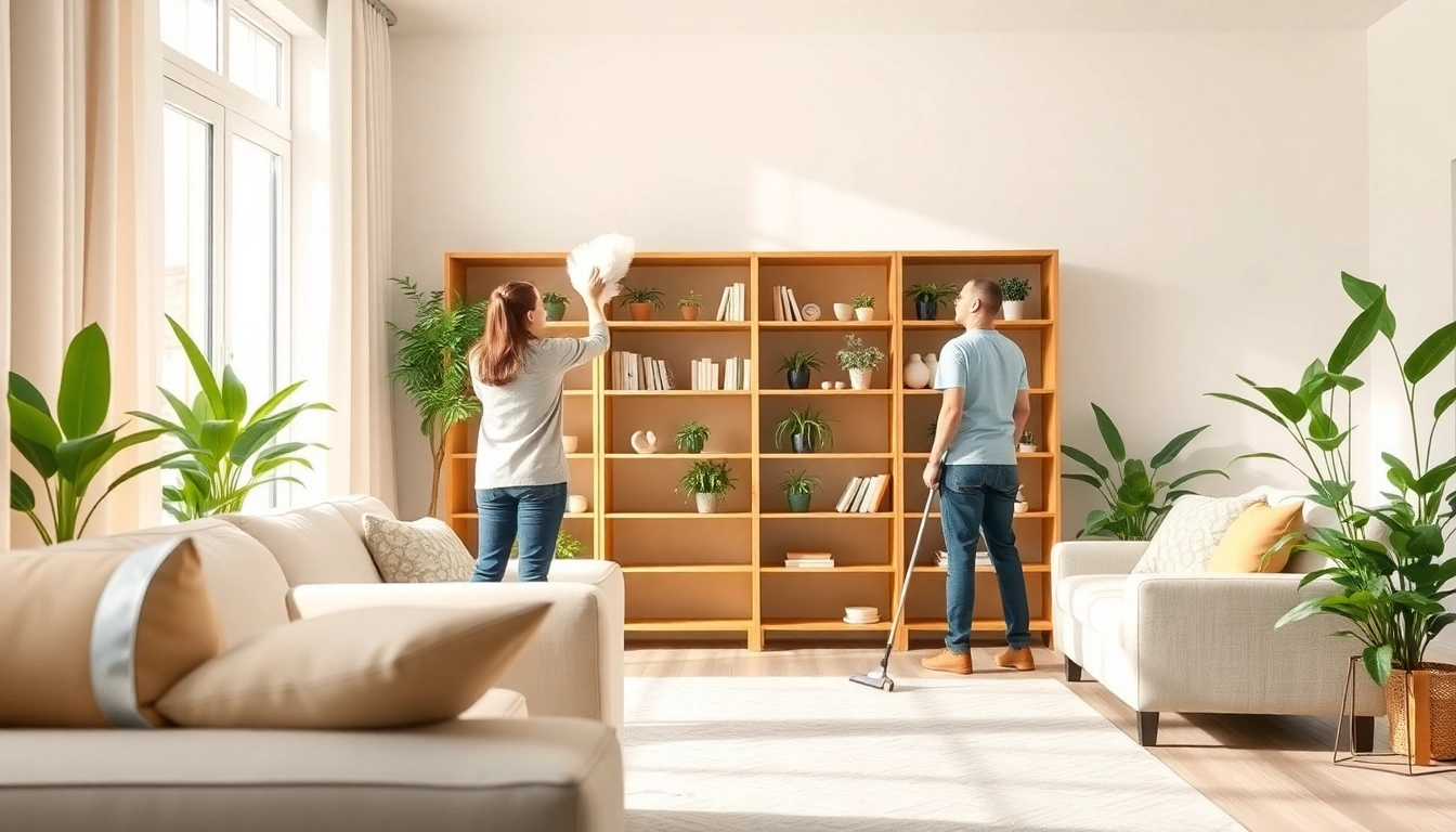 Showcase of a professional Cleaning Service in action, emphasizing a bright and clean living room.