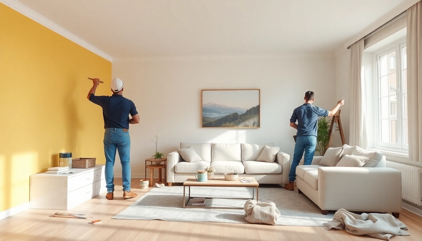 Interior Painting Companies showcase skilled painters transforming a modern living room.