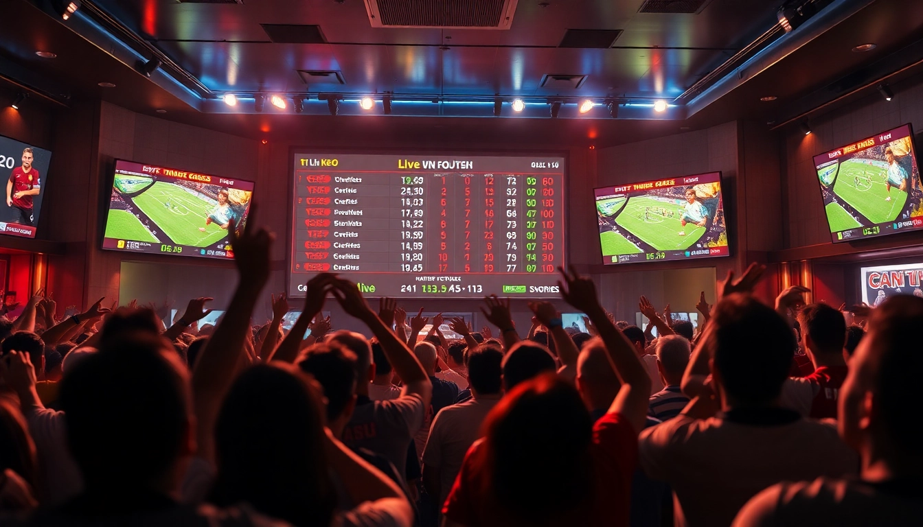 Tỷ lệ kèo updates in a lively sports bar with excited fans during football matches.