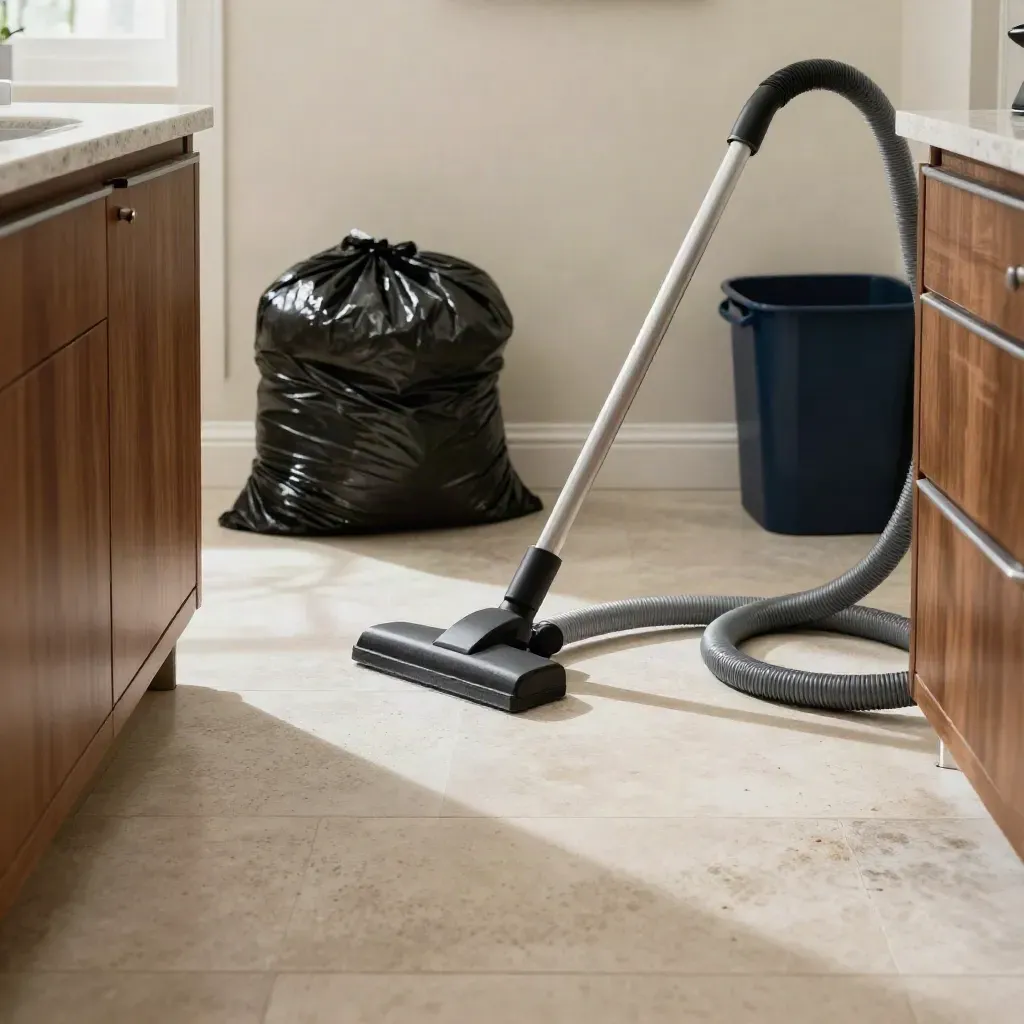 Laundry room floor with trash bag, vacuum hose, and wiped counter in a final cleaning pass.