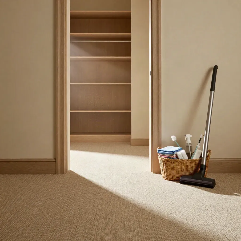 Vacuumed empty bedroom with open closet and supply caddy at the doorway