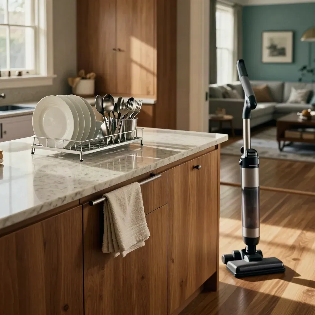 Spotless kitchen counters, dish rack, folded towels, and a vacuum on polished hardwood floors.