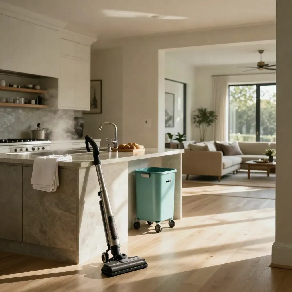 Spotless modern kitchen and living room with vacuum, towels, and cleaning caddy.