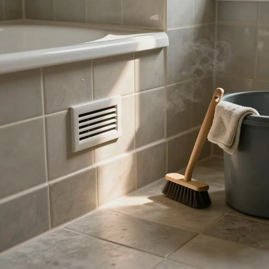 Freshly cleaned bathroom corner with baseboard, vent, tub, bucket, scrub brush, and faint steam.