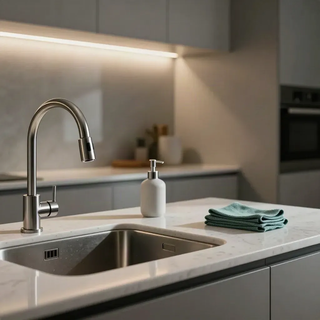 Sanitized kitchen sink, quartz counters, appliance fronts, and folded cloths beside a soap pump.