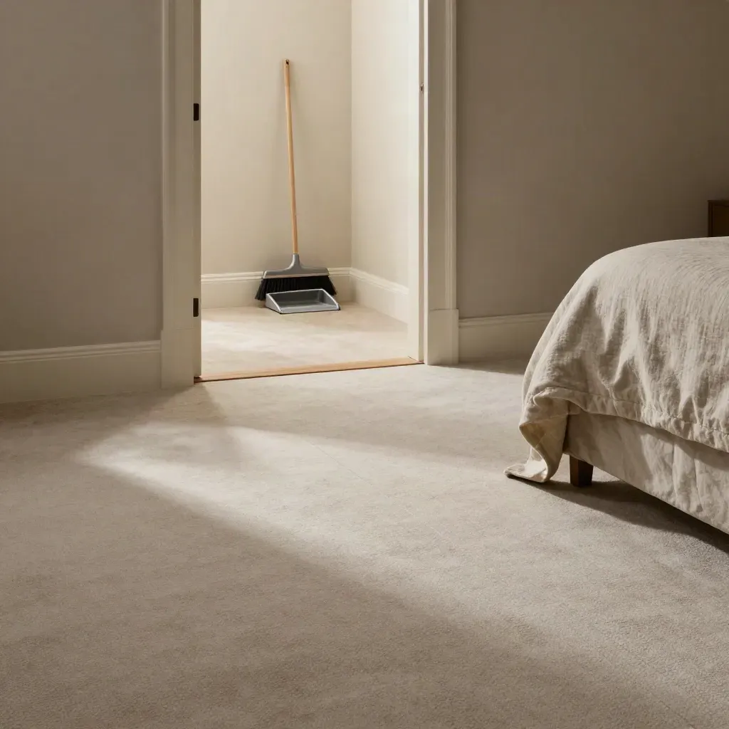 Vacant bedroom with vacuum lines, broom and dustpan at the hall threshold, lit by soft daylight.