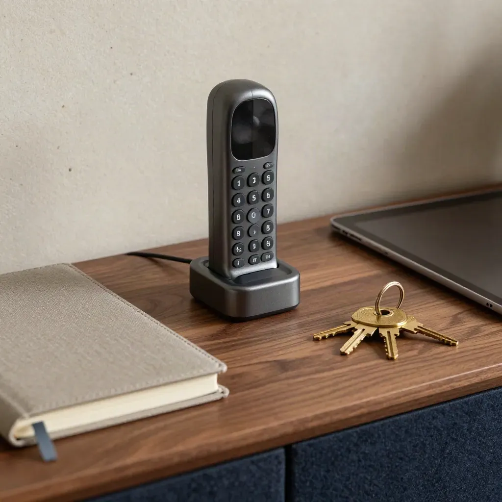 Cordless phone dock, closed notebook, house keys, and tablet on a walnut console.