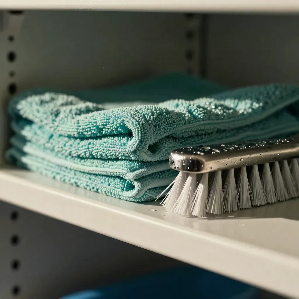 Microfiber stack, grout brush and stainless caddy beads on a utility shelf under hard light.