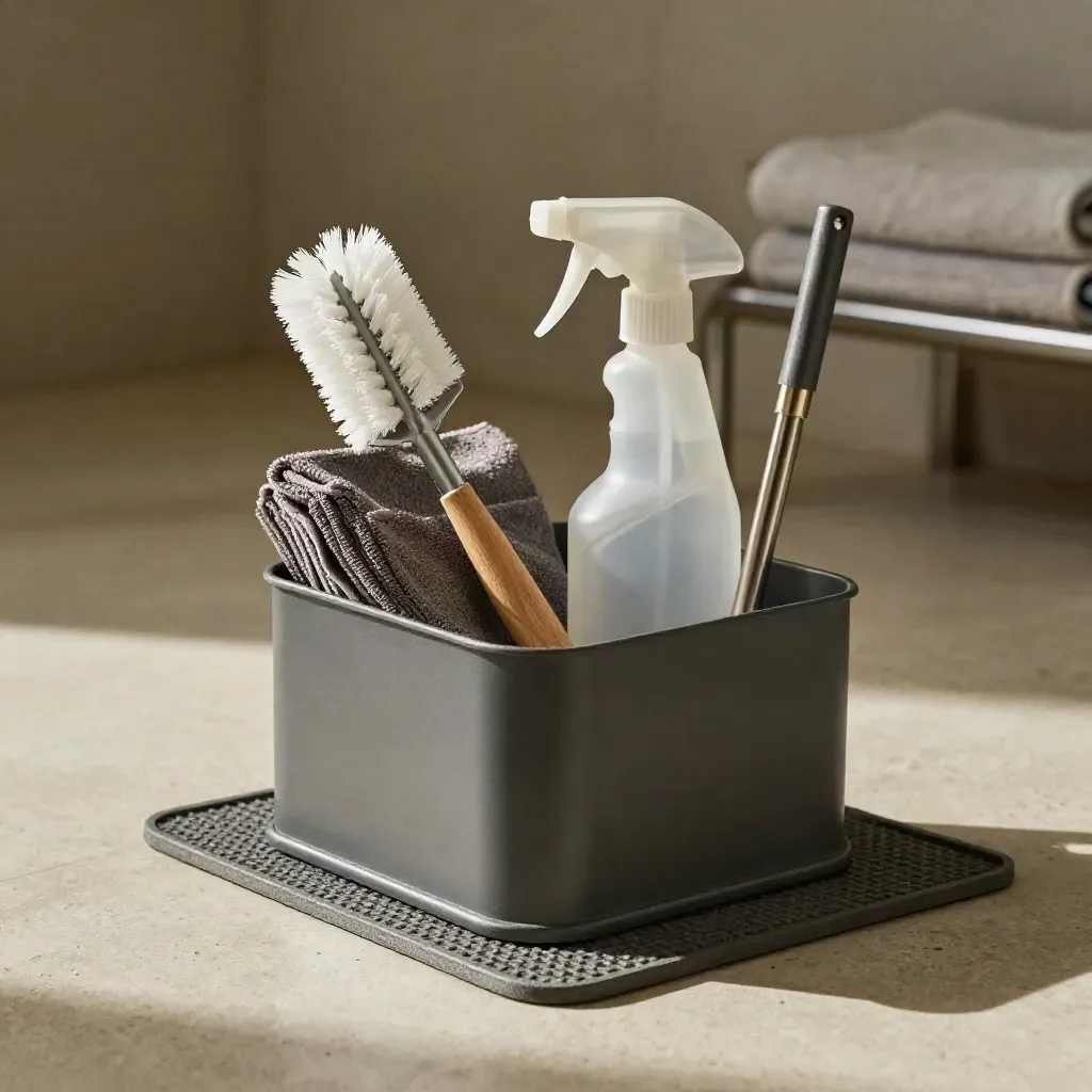 Cleaning kit arranged on a utility mat with caddy, cloths, brush, spray bottle, and dusting wand.