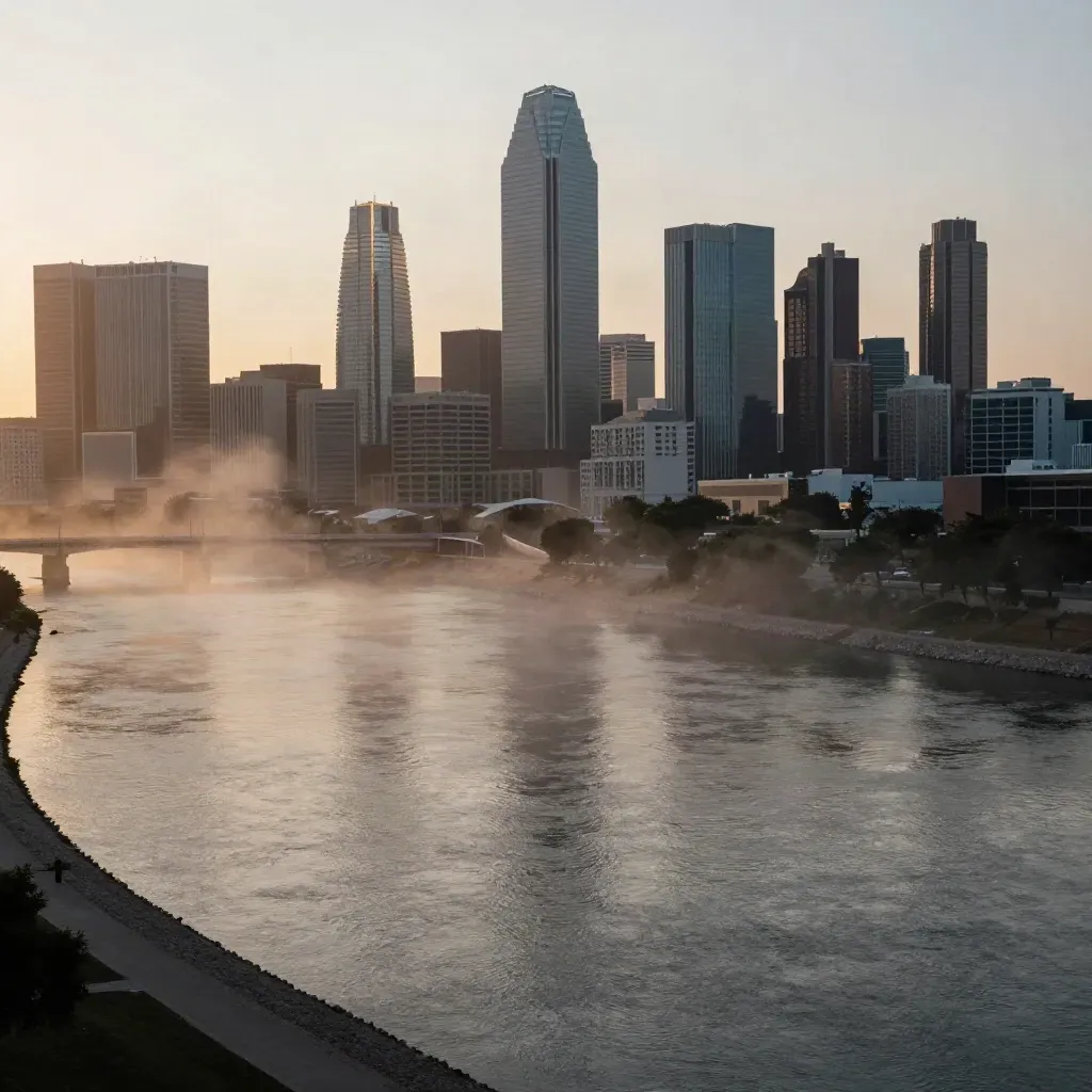 Dallas skyline above Trinity River at dawn with hazy bridges and calm river plain